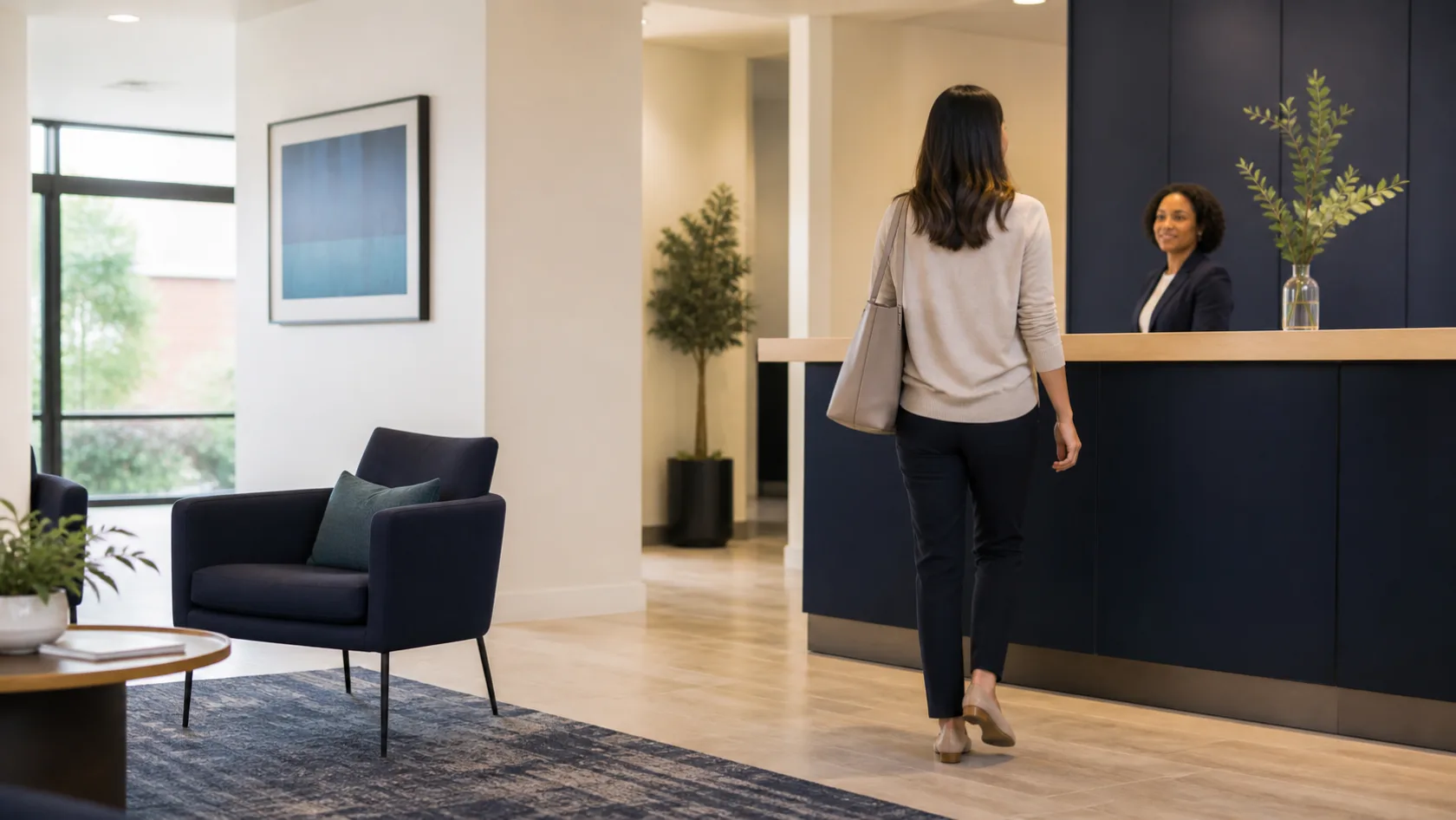 A professional candidate approaching a welcoming reception desk